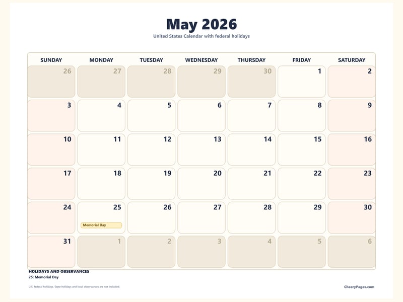 US May 2026 Calendar - Classroom printable preview