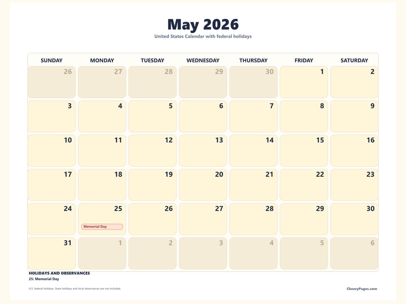 US May 2026 Calendar - Clean printable preview
