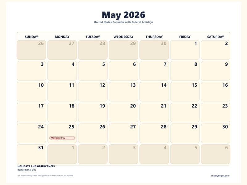 US May 2026 Calendar - Large Print printable preview