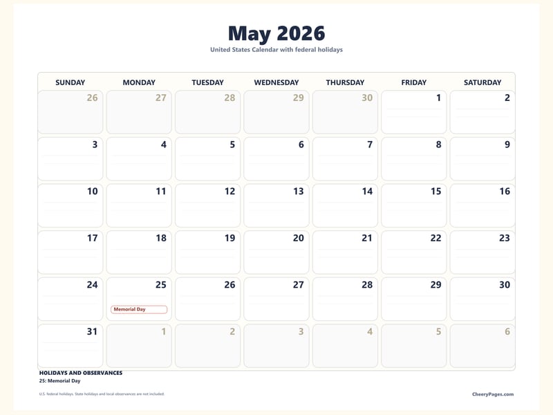 US May 2026 Calendar - Minimal Ink printable preview