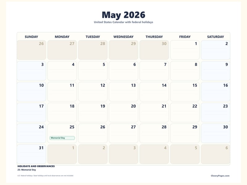 US May 2026 Calendar - Notes printable preview