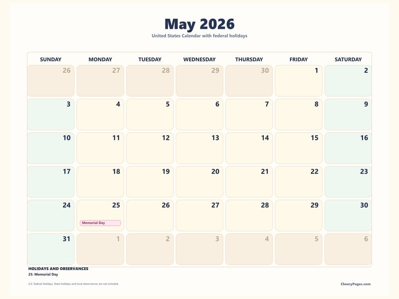 US May 2026 Calendar - Pastel printable preview
