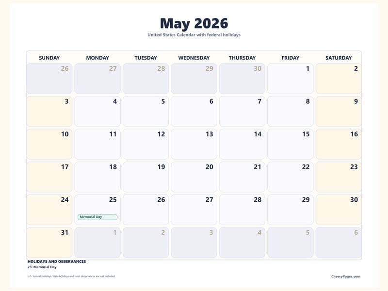 US May 2026 Calendar - Soft Grid printable preview