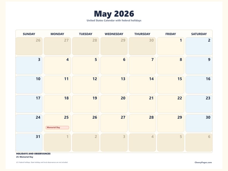 US May 2026 Calendar - Weekend Shaded printable preview