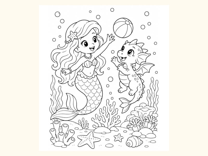 Mermaid and Baby Sea Dragon Playing near Coral printable preview