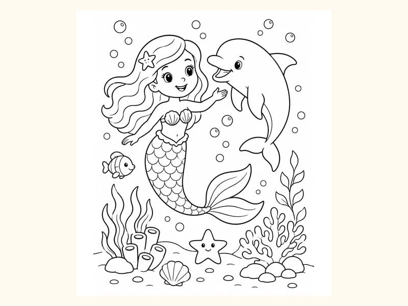 Mermaid and Dolphin Swimming Together in a Playful Ocean Scene printable preview