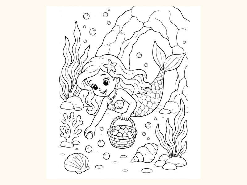 Mermaid Collecting Pearls in a Small Basket near an Ocean Cave printable preview
