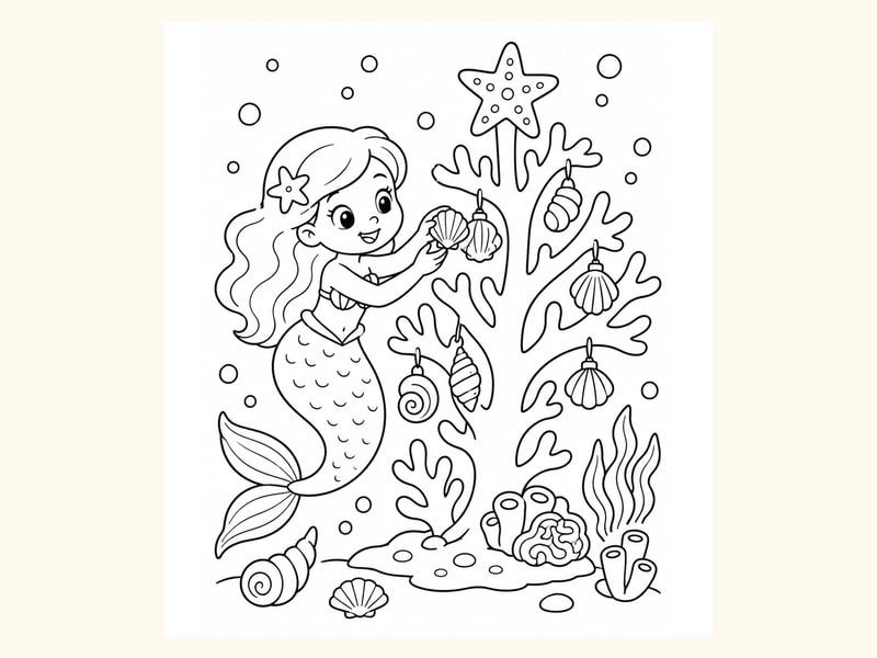 Mermaid Decorating an Underwater Tree Made of Coral printable preview