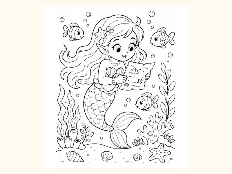 Mermaid Holding a Small Treasure Map printable preview