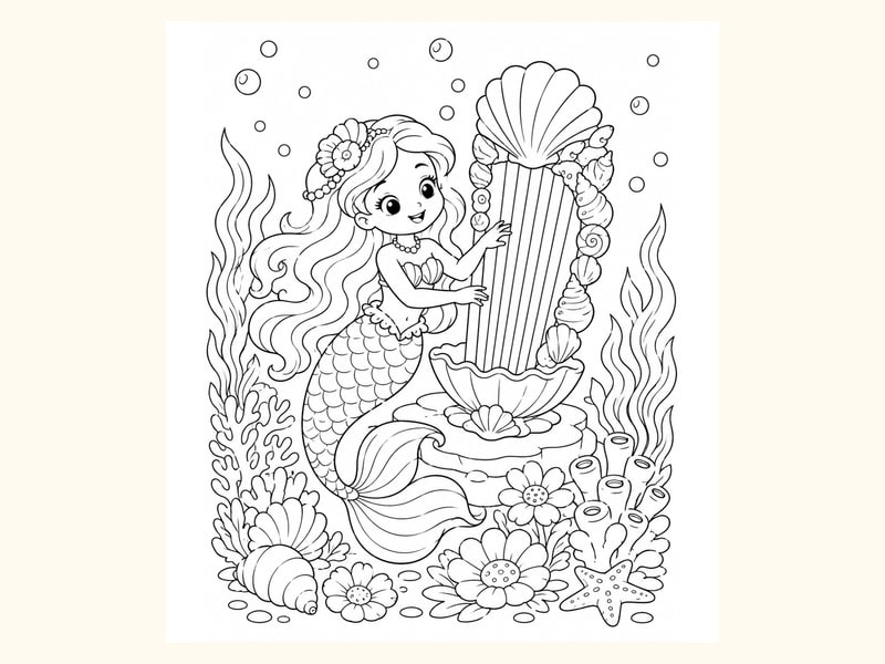 Mermaid Playing a Harp Made of Shells in an Underwater Garden printable preview