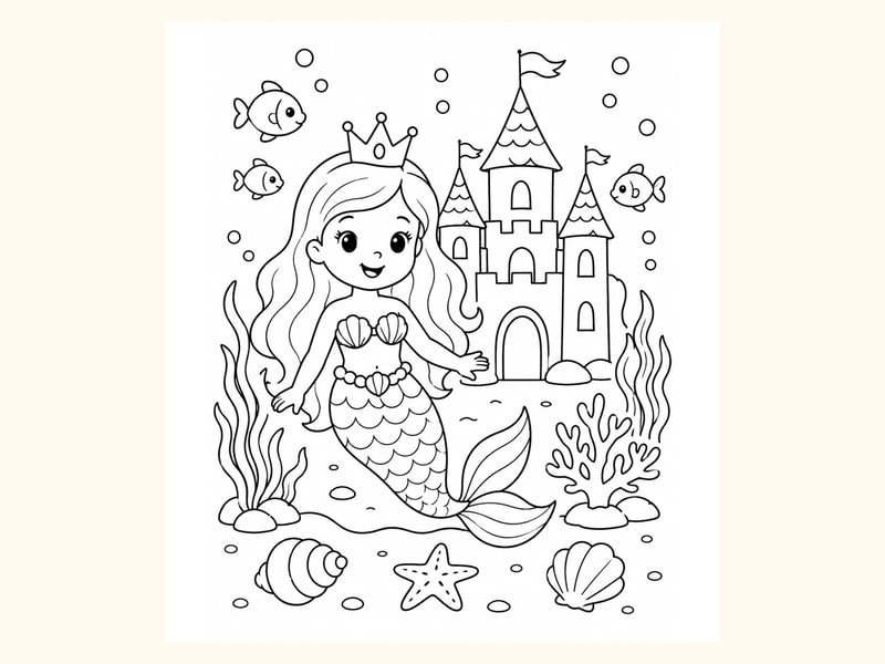 Mermaid Princess Wearing a Simple Crown near an Underwater Castle printable preview