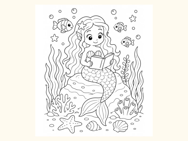 Mermaid Reading a Book on an Underwater Rock printable preview