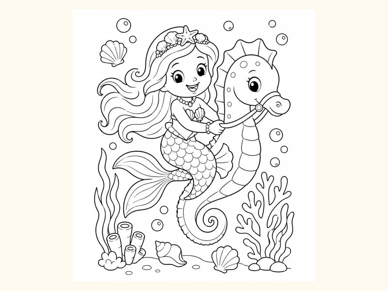 Mermaid Riding on a Gentle Seahorse printable preview