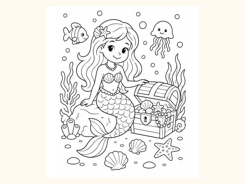 Mermaid Sitting beside a Treasure Chest printable preview