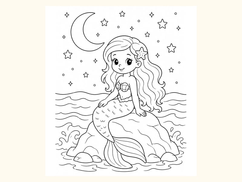 Mermaid Sitting on a Rock under the Moon printable preview