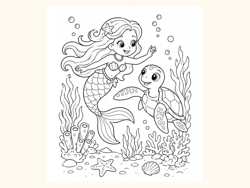 Mermaid Swimming beside a Friendly Sea Turtle printable preview