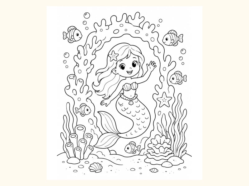 Mermaid Waving from a Coral Arch printable preview