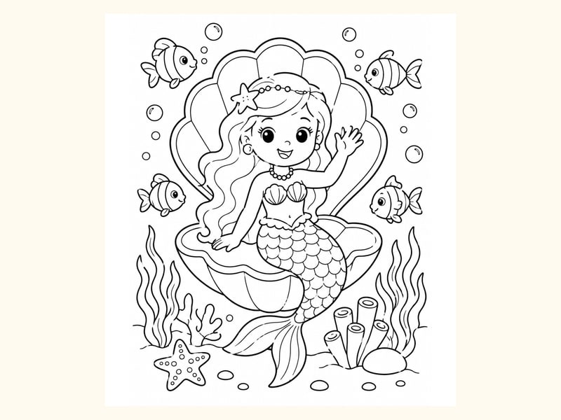 Mermaid Waving from Inside a Shell-shaped Frame printable preview