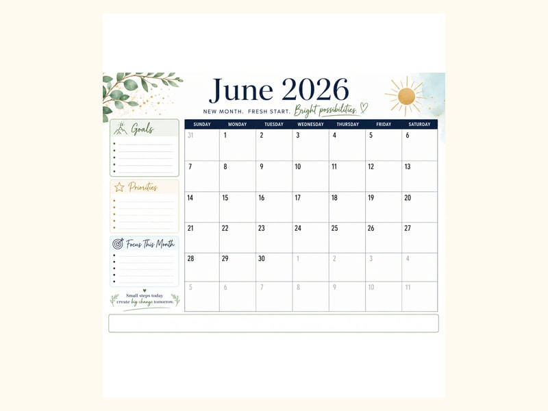 Motivational June 2026 Calendar printable preview