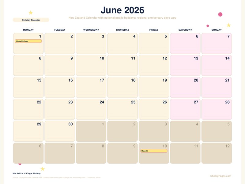 New Zealand June 2026 Calendar - Birthday Calendar printable preview