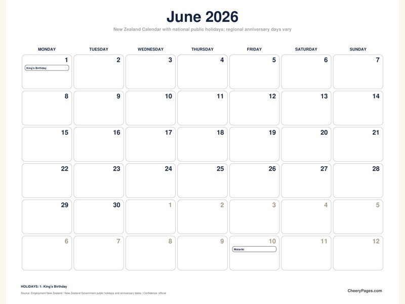 New Zealand June 2026 Calendar - Black and White Ink Saver printable preview