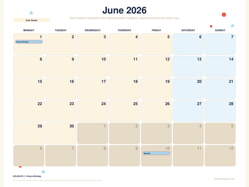 New Zealand June 2026 Calendar - Cute Pastel printable preview