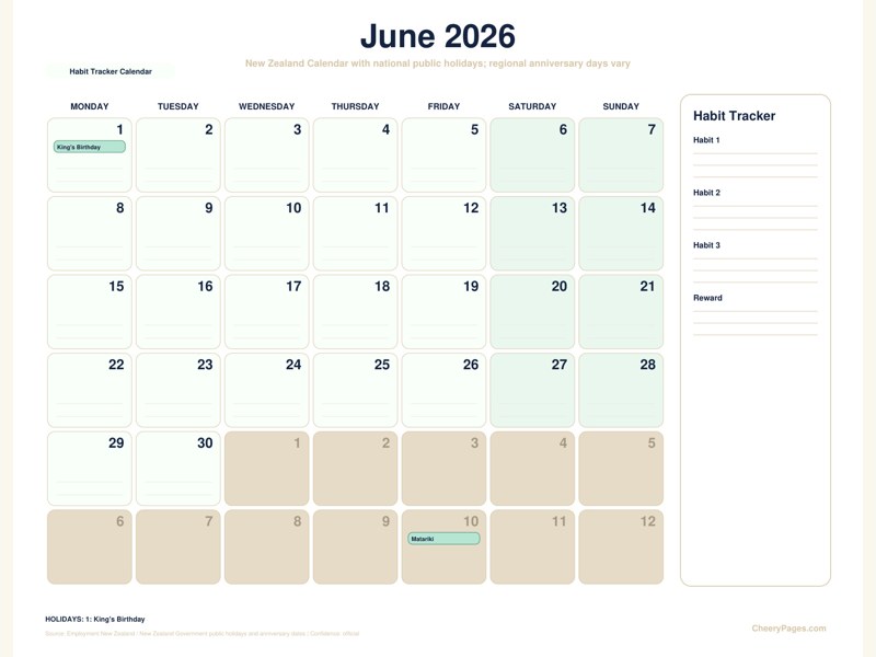 New Zealand June 2026 Calendar - Habit Tracker Calendar printable preview