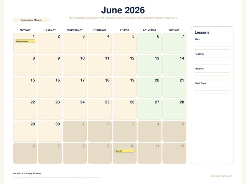 New Zealand June 2026 Calendar - Homeschool Planner printable preview