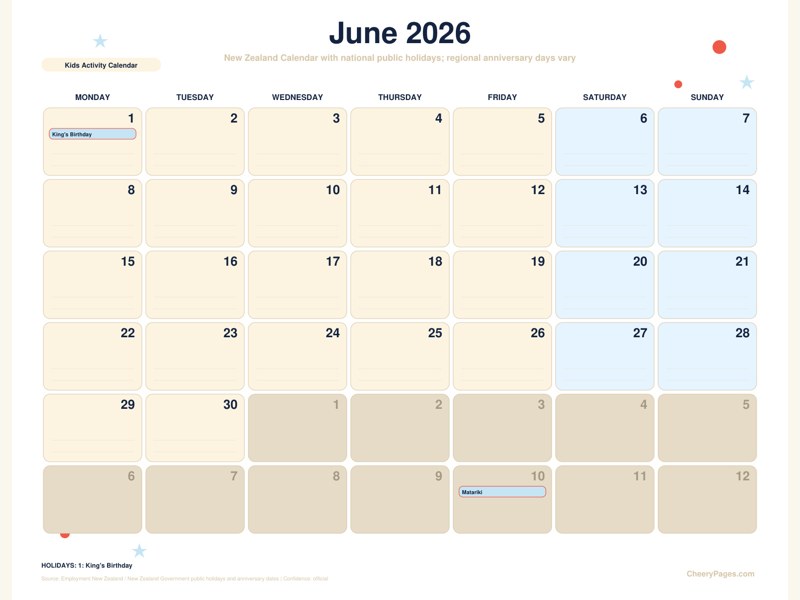 New Zealand June 2026 Calendar - Kids Activity Calendar printable preview