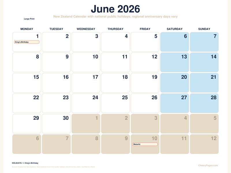 New Zealand June 2026 Calendar - Large Print printable preview