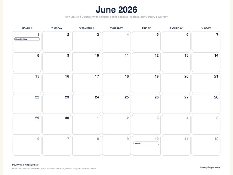 New Zealand June 2026 Calendar - Minimal Ink printable preview