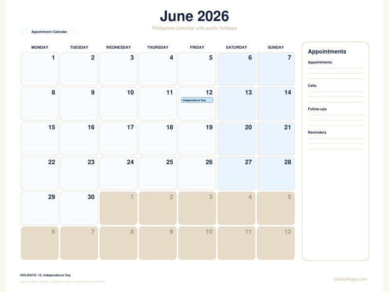 Philippines June 2026 Calendar - Appointment Calendar printable preview