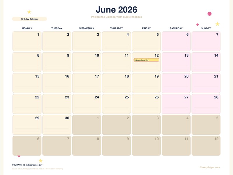Philippines June 2026 Calendar - Birthday Calendar printable preview