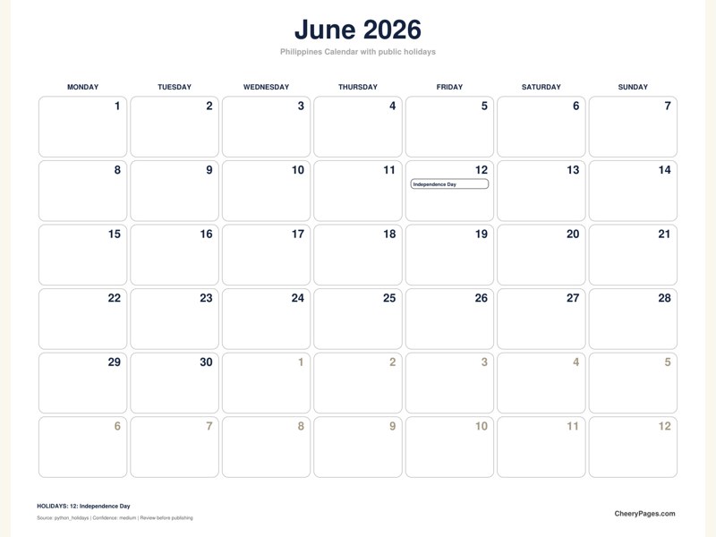 Philippines June 2026 Calendar - Black and White Ink Saver printable preview