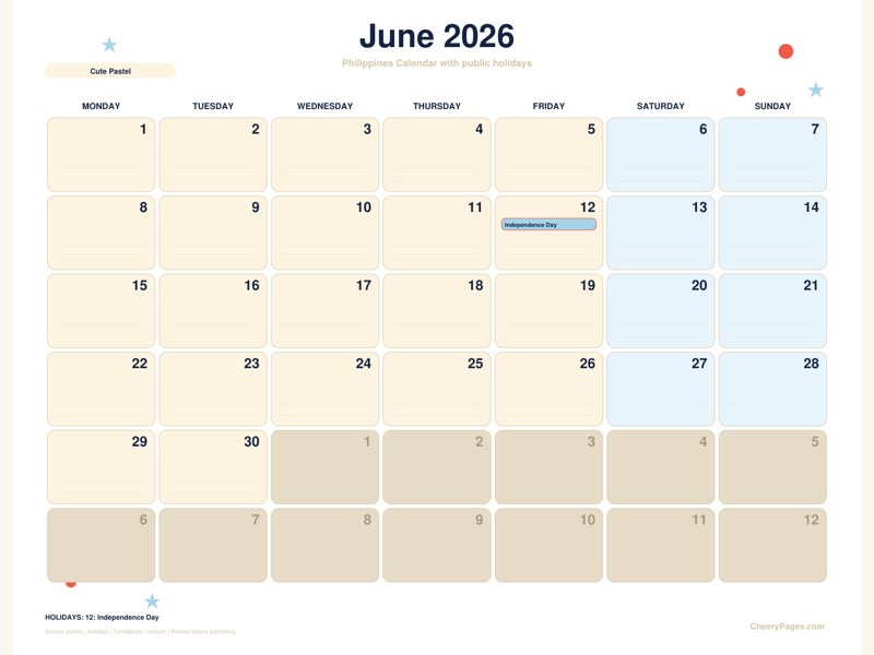 Philippines June 2026 Calendar - Cute Pastel printable preview