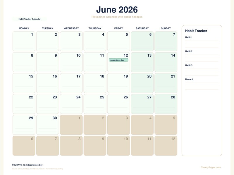 Philippines June 2026 Calendar - Habit Tracker Calendar printable preview