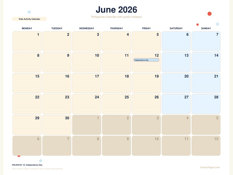 Philippines June 2026 Calendar - Kids Activity Calendar printable preview