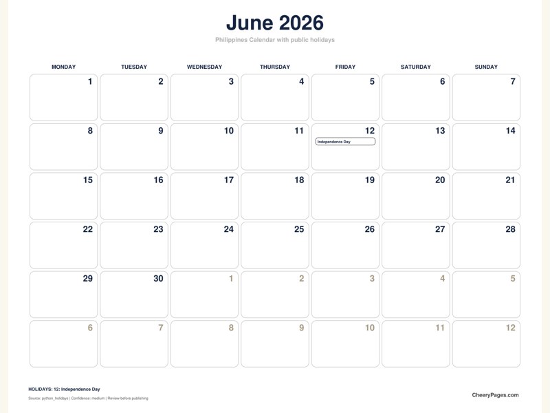 Philippines June 2026 Calendar - Minimal Ink printable preview