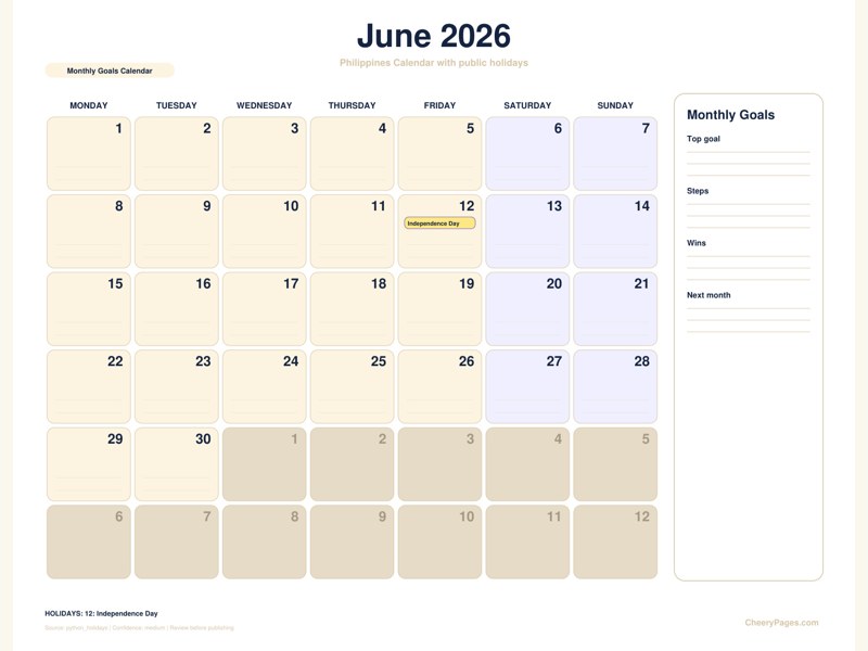 Philippines June 2026 Calendar - Monthly Goals Calendar printable preview