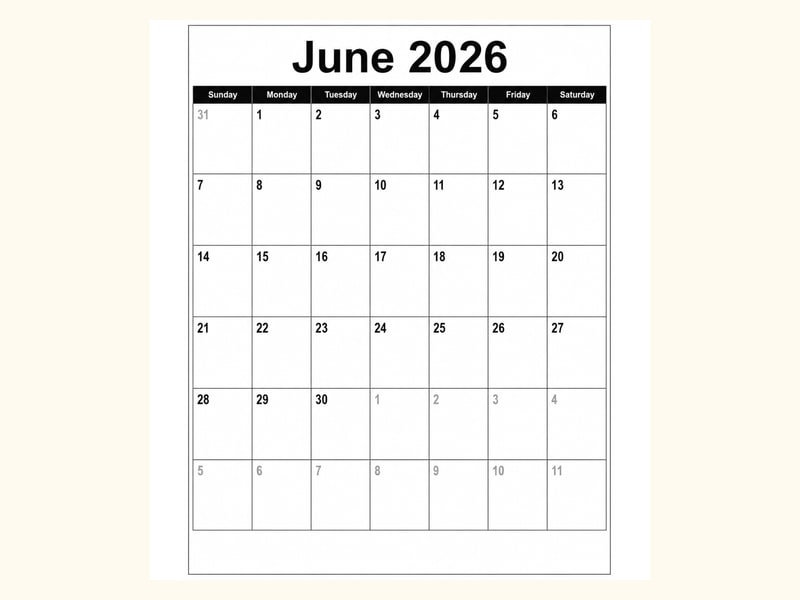 Portrait June 2026 Calendar printable preview