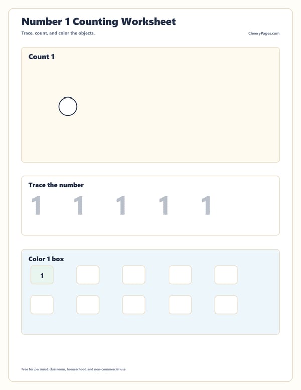 Number One Tracing and Counting Practice printable preview