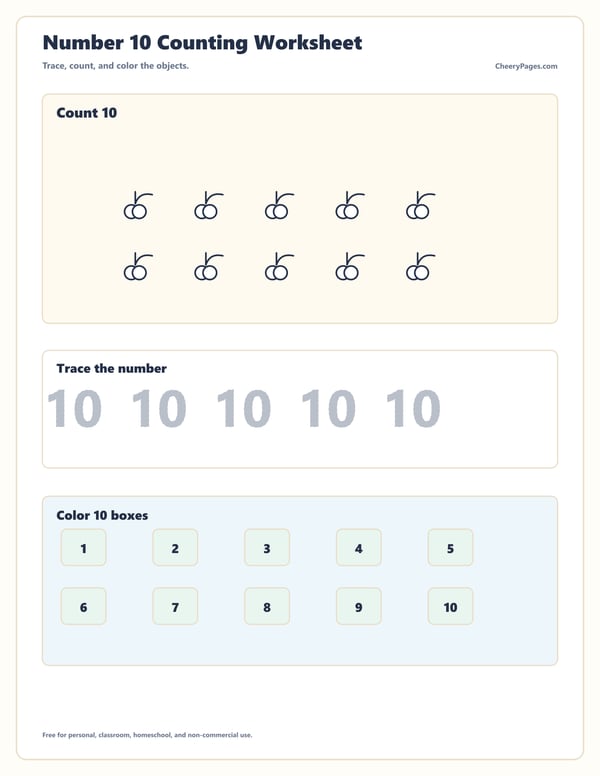 Number Ten Tracing and Counting Practice printable preview