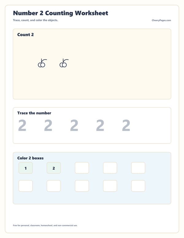Number Two Tracing and Counting Practice printable preview