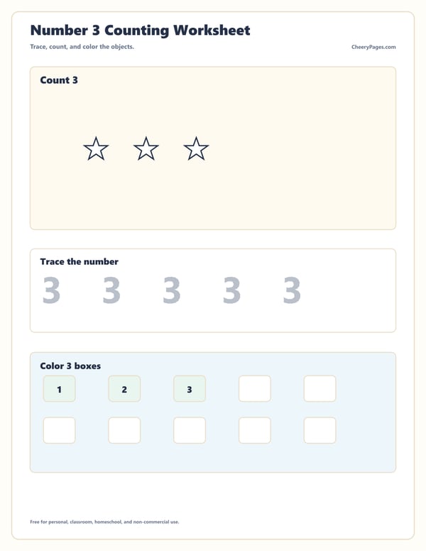 Number Three Tracing and Counting Practice printable preview