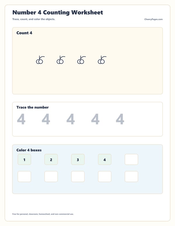 Number Four Tracing and Counting Practice printable preview