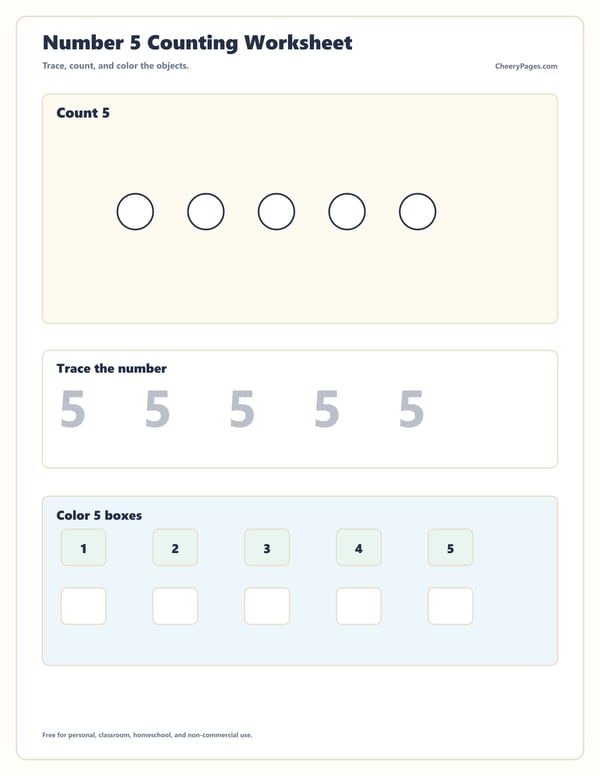 Number Five Tracing and Counting Practice printable preview
