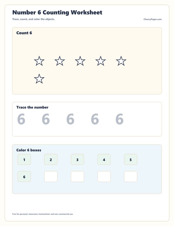 Number Six Tracing and Counting Practice printable preview