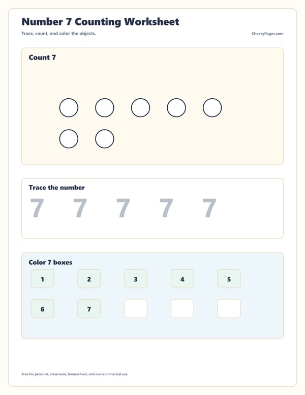 Number Seven Tracing and Counting Practice printable preview