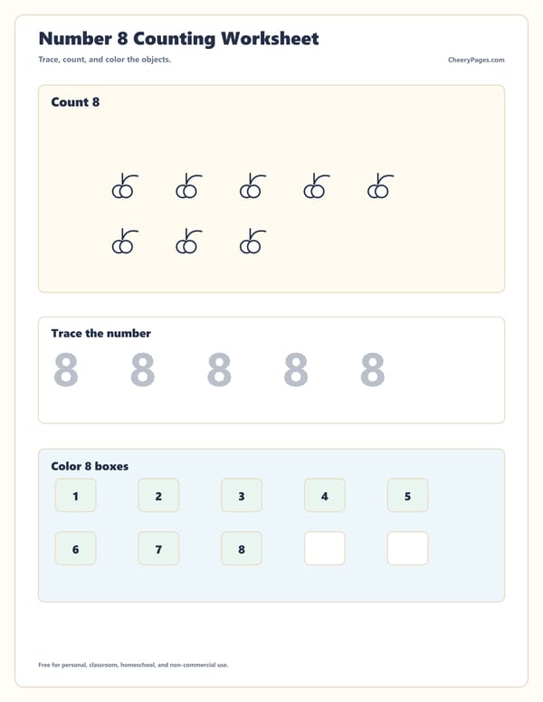 Number Eight Tracing and Counting Practice printable preview