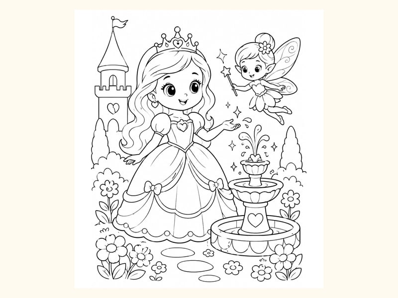 Princess and Fairy Friend Standing beside a Small Magical Fountain printable preview